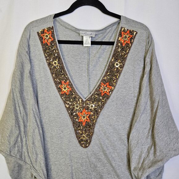 🦃 Ludi Womens Grey Stretchy Dolman Sleeve Top Blouse Beaded V Neck Large - Picture 4 of 8